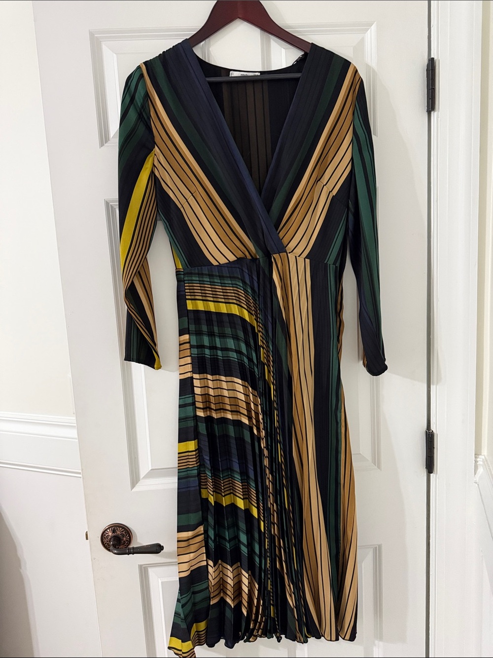 Mango Striped V-Neck Long Sleeve Midi Dress - Green & Tan